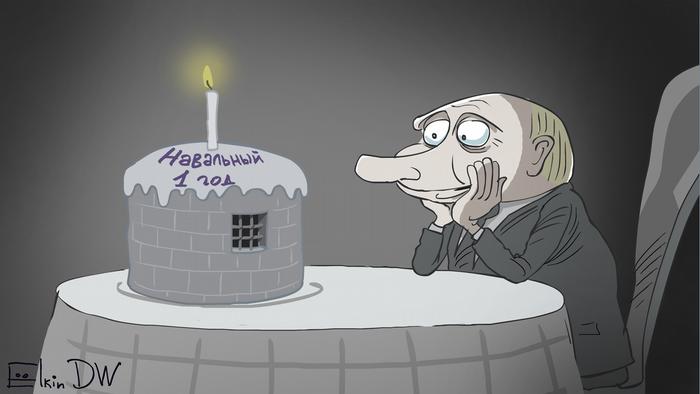 Karikatur Sergey Elkin | Alexej Nawalny seit einem Jahr im Gefängnis